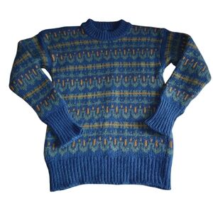 Clipper Medium Blue Crew Neck Vintage Scandinavian Pure New Wool Sweater